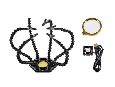 Bra&ccedil;os flex&iacute;veis de soldagem PCB multifuncional preto (6 furos 6 bra&ccedil;os + lupa + ventilador) - Imagem 1