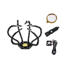 Bra&ccedil;os flex&iacute;veis de soldagem PCB multifuncional preto (6 furos 6 bra&ccedil;os + lupa + tocha el&eacute;trica + ventilador)