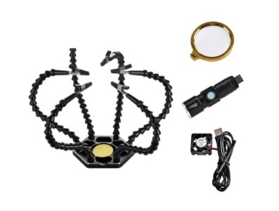 Bra&ccedil;os flex&iacute;veis de soldagem PCB multifuncional preto (6 furos 6 bra&ccedil;os + lupa + tocha el&eacute;trica + ventilador) - Imagem 1