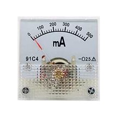 Amper&iacute;metro Ponteiro 91C4-mA DC 500mA Tamanho 45x45 mm