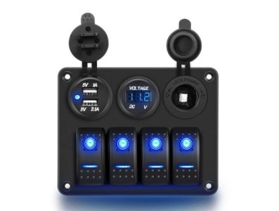 Volt&iacute;metro Painel de interruptor de 4 gangues para trailer de carro com LED e USB duplo azul - Imagem 1