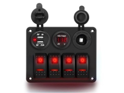 Volt&iacute;metro Painel de interruptor de 4 gangues para trailer de carro com LED e USB duplo vermelho - Imagem 1