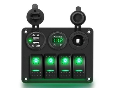 Volt&iacute;metro Painel de interruptor de 4 gangues para trailer de carro com LED e USB duplo verde - Imagem 1
