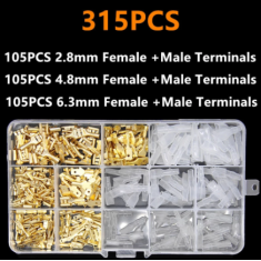 Kit 315 pe&ccedil;as terminais tipo spade isolados dourados 2,8/4,8/6,3 mm macho e f&ecirc;mea para crimpagem