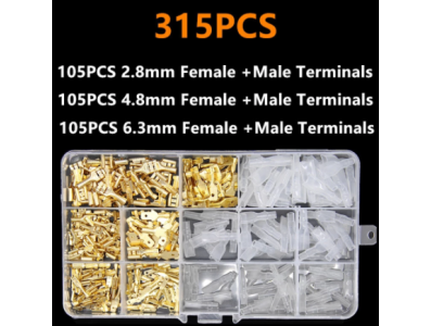 Kit 315 pe&ccedil;as terminais tipo spade isolados dourados 2,8/4,8/6,3 mm macho e f&ecirc;mea para crimpagem - Imagem 1