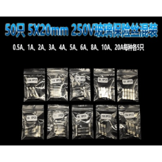Kit 50 fus&iacute;veis de vidro 5 x 20 mm, 0,5 A a 20 A