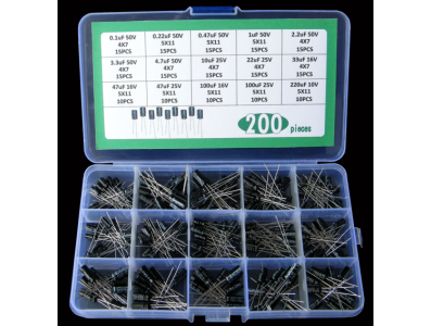 Kit 200 capacitores eletrol&iacute;ticos 0,1 &micro;F a 220 &micro;F, tens&otilde;es 10 V a 50 V - Imagem 1