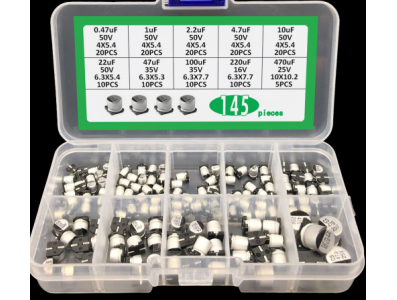 Kit 145 pe&ccedil;as de capacitores eletrol&iacute;ticos de alum&iacute;nio 0,47 &micro;F a 470 &micro;F - Imagem 1