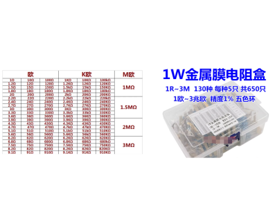 Kit de 650 resistores de filme met&aacute;lico 1W 1%, 130 valores, 5 unidades de cada - Imagem 1