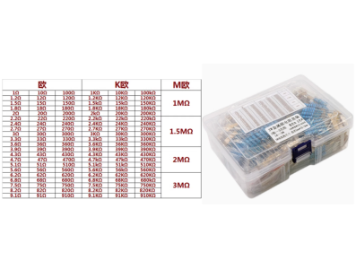 Kit 650 pe&ccedil;as resistores de filme met&aacute;lico 2W 1%, 130 valores com 5 unidades de cada valor - Imagem 1