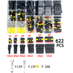 Kit 622 pe&ccedil;as de conectores el&eacute;tricos automotivos imperme&aacute;veis 1/2/3/4 pinos, terminais macho e f&ecirc;mea e alicate de crimpagem