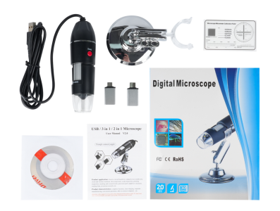 Microsc&oacute;pio digital USB 500x com c&acirc;mera endosc&oacute;pica, 8 LEDs e adaptadores Micro USB/USB-C - Imagem 1
