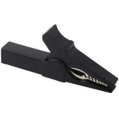 Clip jacar&eacute; isolado de cobre preto 55 mm, abertura 10 mm para plug banana 4 mm