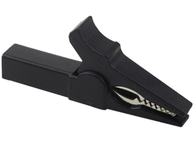 Clip jacar&eacute; isolado de cobre preto 55 mm, abertura 10 mm para plug banana 4 mm - Imagem 1