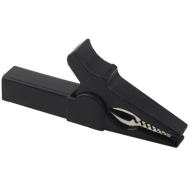 Clip jacar&eacute; isolado de cobre preto 55 mm, abertura 10 mm para plug banana 4 mm