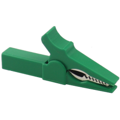 Pin&ccedil;a jacar&eacute; isolada em cobre 55 mm verde, abertura 10 mm para plug banana 4 mm