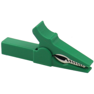 Pin&ccedil;a jacar&eacute; isolada em cobre 55 mm verde, abertura 10 mm para plug banana 4 mm