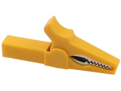 Clipe jacar&eacute; isolado de cobre amarelo 55 mm, abertura 10 mm para plug banana 4 mm - Imagem 1