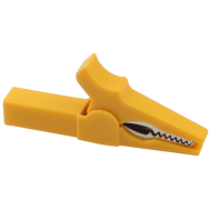 Clipe jacar&eacute; isolado de cobre amarelo 55 mm, abertura 10 mm para plug banana 4 mm