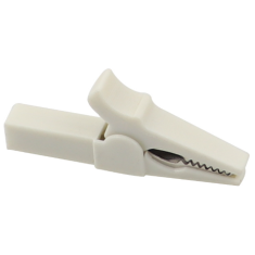 Grampo jacar&eacute; isolado em cobre branco 55 mm, abertura 10 mm, para plug banana 4 mm