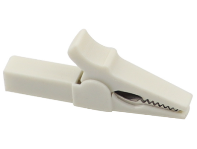 Grampo jacar&eacute; isolado em cobre branco 55 mm, abertura 10 mm, para plug banana 4 mm - Imagem 1