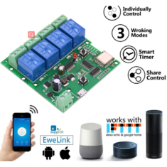M&oacute;dulo de Rel&eacute;s WiFi 4 Canais DC5-32V com Temporizador Inteligente e Controle Remoto