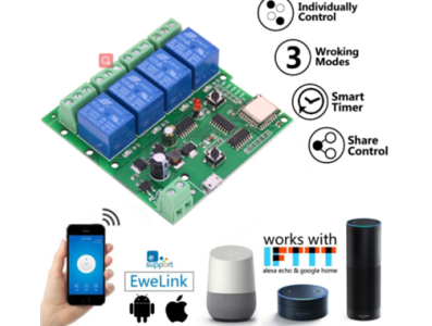 M&oacute;dulo de Rel&eacute;s WiFi 4 Canais DC5-32V com Temporizador Inteligente e Controle Remoto - Imagem 1