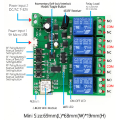 M&oacute;dulo de rel&eacute; 4 canais DC5-32V WiFi e RF com temporizador e controle remoto