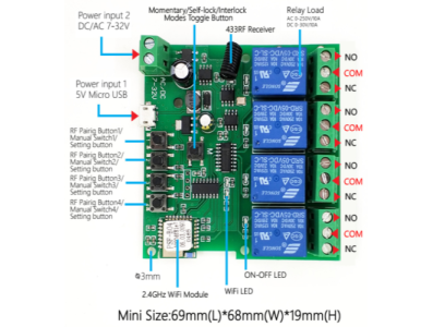 M&oacute;dulo de rel&eacute; 4 canais DC5-32V WiFi e RF com temporizador e controle remoto - Imagem 1