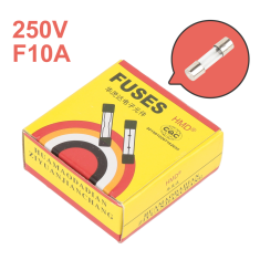 Fus&iacute;veis de vidro 5x20 mm, fus&atilde;o r&aacute;pida, 10 A 250 V, caixa com 100 unidades