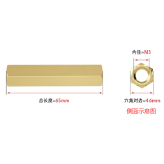 Espa&ccedil;ador sextavado em cobre M3 x 65 mm, roscado em ambas as extremidades