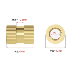Porca estriada de lat&atilde;o M3 x 3 x 4,2 mm (OD 4,2 mm) para moldagem por inje&ccedil;&atilde;o