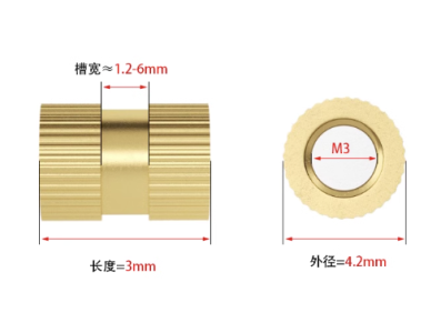 Porca estriada de lat&atilde;o M3 x 3 x 4,2 mm (OD 4,2 mm) para moldagem por inje&ccedil;&atilde;o - Imagem 1