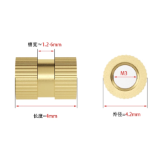 Porca moleteada de lat&atilde;o M3 x 4 mm, OD 4,2 mm para moldagem por inje&ccedil;&atilde;o