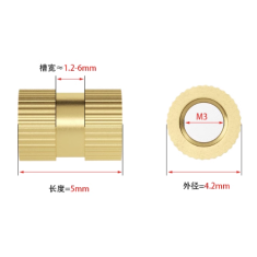Porca estriada em lat&atilde;o M3 x 5 mm, di&acirc;metro externo 4,2 mm