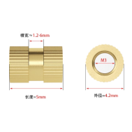 Porca estriada em lat&atilde;o M3 x 5 mm, di&acirc;metro externo 4,2 mm