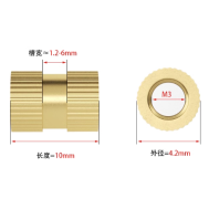 Porca canelada para moldagem por inje&ccedil;&atilde;o em lat&atilde;o M3 &times; 10 mm, &Oslash; 4,2 mm