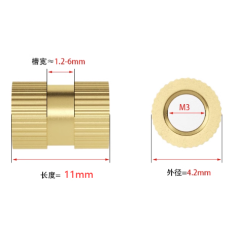 Porca canelada de lat&atilde;o M3 x 11 mm (OD 4,2 mm) para moldagem por inje&ccedil;&atilde;o