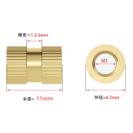Porca canelada de lat&atilde;o M3 x 11 mm (OD 4,2 mm) para moldagem por inje&ccedil;&atilde;o