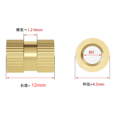 Porca serrilhada M3 x 12 mm em lat&atilde;o, di&acirc;metro externo 4,2 mm