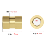 Porca serrilhada M3 x 12 mm em lat&atilde;o, di&acirc;metro externo 4,2 mm