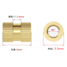 Porca estriada de lat&atilde;o para moldagem por inje&ccedil;&atilde;o M3 x 6 mm, OD 5,3 mm