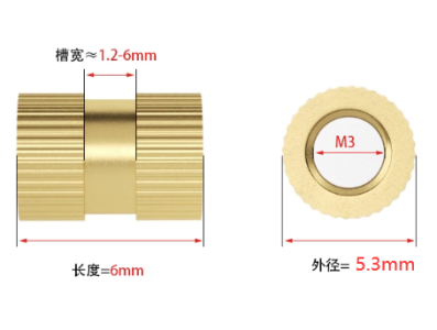 Porca estriada de lat&atilde;o para moldagem por inje&ccedil;&atilde;o M3 x 6 mm, OD 5,3 mm - Imagem 1