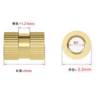 Porca estriada de lat&atilde;o para moldagem por inje&ccedil;&atilde;o M3 x 6 mm, OD 5,3 mm