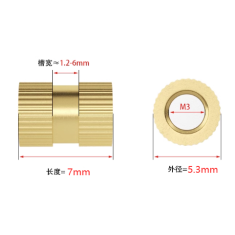 Porca estriada de lat&atilde;o M3 x 7 mm, di&acirc;metro externo 5,3 mm