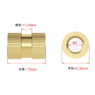Porca estriada de lat&atilde;o M3 x 7 mm, di&acirc;metro externo 5,3 mm
