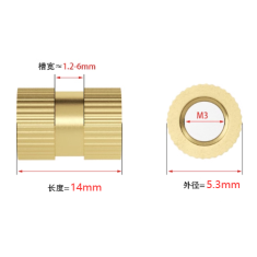 Porca estriada de lat&atilde;o M3 x 14 mm di&acirc;metro externo 5,3 mm