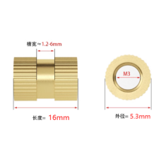 Porca estriada em lat&atilde;o, rosca M3 x 16 mm, &Oslash; externo 5,3 mm
