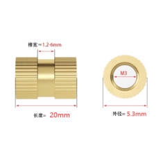 Porca canelada de lat&atilde;o M3 para moldagem por inje&ccedil;&atilde;o, comprimento 20 mm, &Oslash; externo 5,3 mm