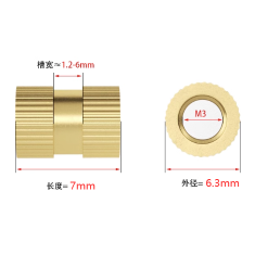Porca ranhurada em lat&atilde;o para moldagem por inje&ccedil;&atilde;o M3, 7 mm, di&acirc;metro externo 6,3 mm